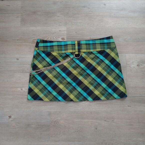 Y2K Green Plaid Silver Chain Mini Grunge Skirt - Picture 2 of 3